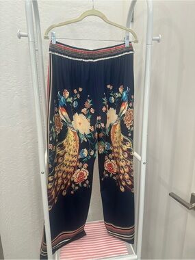 Floral Navy Boho-Style Drawstring Pants Featuring Colorful Details XL